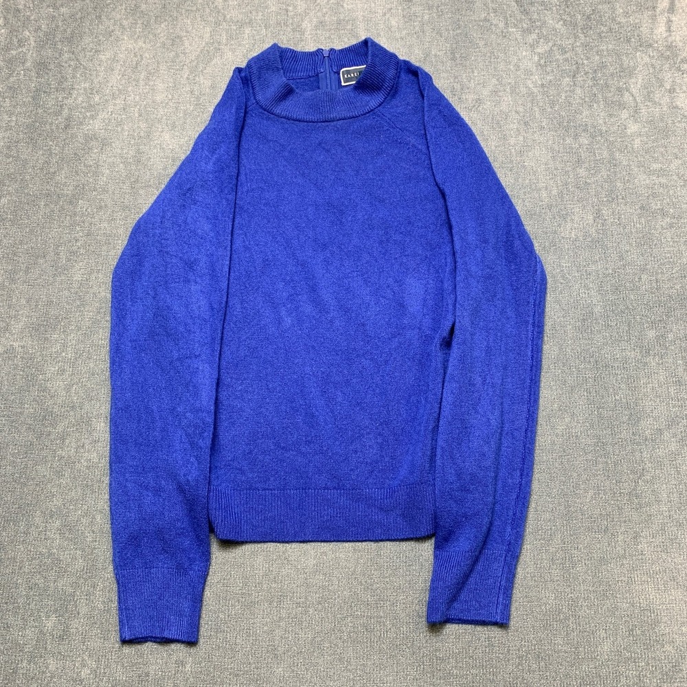 Karen Scott Sweater Womens Medium Blue Knit Raglan Sleeve Mock Neck Back Zip